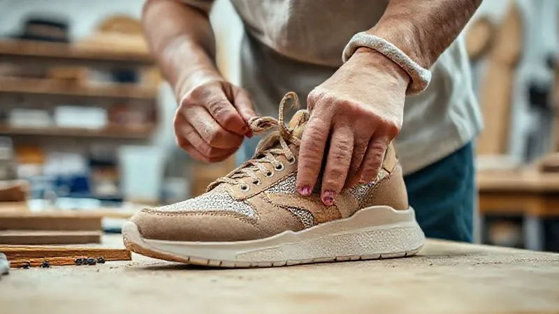 A photorealistic close-up of a skilled artisan's hands meticulously working on a modern casual sneaker, incorporating sustainable, earthy-toned materials. The workshop is clean and bright with natural light, showcasing craftsmanship and innovation. Professional photography, 8K, cinematic lighting, sharp focus on the hands and materials, depth of field blurring the background. Shot on a high-end DSLR.