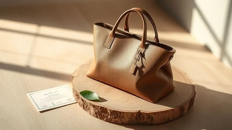 Photorealistic professional photography of a luxury accessory (e.g., a finely crafted handbag or a piece of jewelry) displayed on a clean, natural surface like raw wood or recycled paper, with soft, natural light emphasizing its craftsmanship and eco-friendly materials. Nearby, subtle elements like a single green leaf or a minimalist certificate of ethical sourcing are visible. The image conveys responsibility, quality, and understated elegance. Cinematic lighting, sharp focus, depth of field. 8K hyper-detailed, shot on a high-end DSLR.