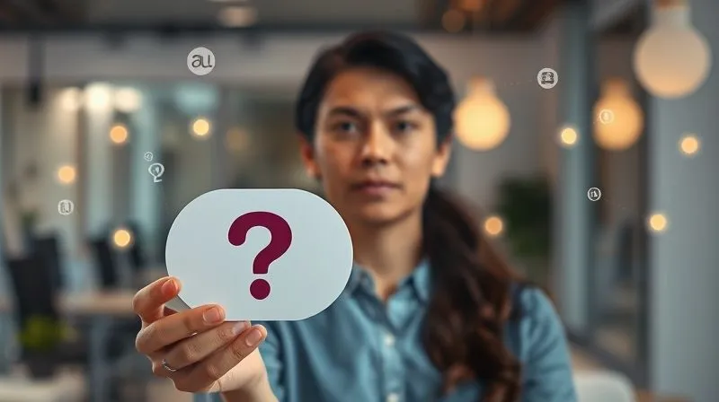 photorealistic, professional photography, 8K, cinematic lighting, sharp focus, depth of field, shot on a high-end DSLR, a person with a thoughtful, empathetic expression holding a stylized speech bubble with a question mark, surrounded by faint, glowing data points and listening icons, symbolizing active listening and data collection in a modern office setting.