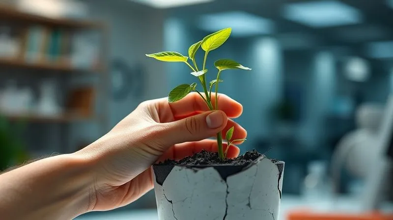 photorealistic, professional photography, 8K, cinematic lighting, sharp focus, depth of field, shot on a high-end DSLR, a hand carefully tending to a thriving green plant growing from a cracked pot, symbolizing resilience and continuous growth, with soft, optimistic lighting and a blurred background of a modern lab or office, representing long-term trust building and care.