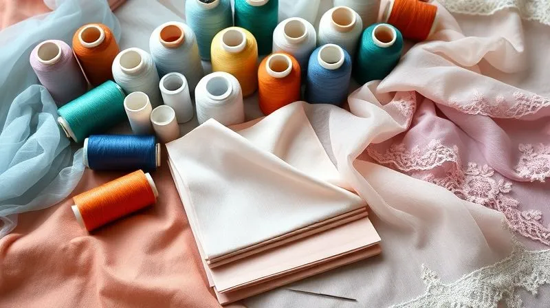 Photorealistic, professional photography, 8K, cinematic lighting, sharp focus, depth of field, shot on a high-end DSLR. A close-up flat lay of various spools of high-strength sewing threads (polyester, nylon, silk twist) arranged around swatches of delicate costume fabrics (chiffon, silk, lace). In the foreground, different types of interfacing (fusible knit, sew-in organza) are neatly stacked, with a thimble and needle resting nearby. The lighting is soft and even, highlighting the textures of the materials, suggesting meticulous material selection for costume construction.