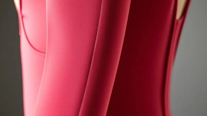 Photorealistic, professional photography, 8K, cinematic lighting, sharp focus, depth of field, shot on a high-end DSLR. A detailed close-up of a theatrical costume garment, possibly a dance leotard or bodice, showcasing various advanced seam reinforcement techniques. One area clearly shows precise double-stitching along a curved seam. Another section illustrates a fabric gusset meticulously integrated into an underarm seam, with fine, strong stitching. A boning channel, subtly visible, runs along another seam line, indicating internal structure. The fabric is a stretch performance material, and the lighting highlights the texture and the precision of the sewing, emphasizing strength and flexibility.
