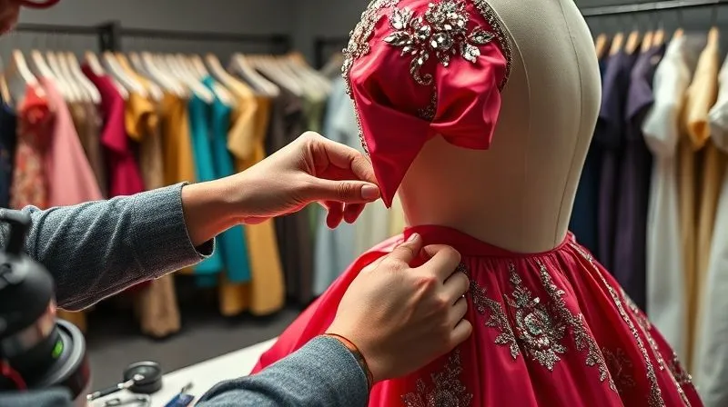 Photorealistic, professional photography, 8K, cinematic lighting, sharp focus, depth of field, shot on a high-end DSLR. A professional costume workshop, well-lit, with a costume designer's hands carefully inspecting the underarm seam of a vibrant, heavily embellished theatrical gown on a mannequin. Magnifying glass and small sewing kit are visible on a nearby table, suggesting meticulous inspection and readiness for repair. The background shows organized racks of costumes in garment bags, emphasizing proper storage and maintenance. The mood is one of dedication and preservation.
