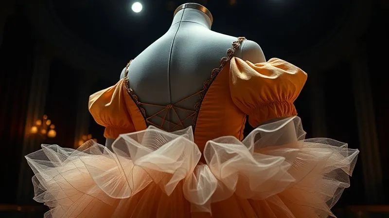 Photorealistic, professional photography, 8K, cinematic lighting, sharp focus, depth of field, shot on a high-end DSLR. A beautifully crafted, durable theatrical costume, possibly a ballet tutu or an elaborate period gown, displayed proudly on a mannequin in a dimly lit, dramatic backstage setting. The seams are visibly strong and meticulously finished, hinting at the hidden reinforcements. The light catches the fabric, suggesting readiness for performance. The overall mood is one of triumph, resilience, and artistic excellence, embodying the success of well-reinforced costume construction.