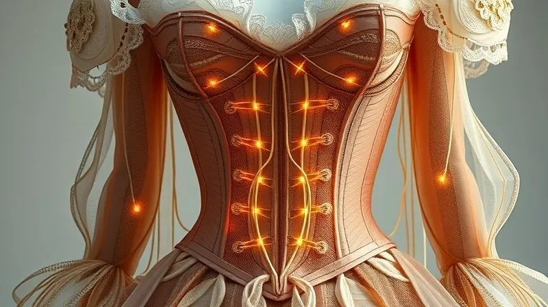 A highly detailed, photorealistic cross-section diagram of a complex wearable art costume. The outer layer is delicate and ornate, but beneath it, a network of internal supports is visible: boning channels, reinforced seams, hidden mesh linings, and strategically placed cording. The diagram uses subtle glowing lines to highlight these hidden structural elements. Cinematic lighting, sharp focus, technical drawing aesthetic, 8K hyper-detailed, professional photography.