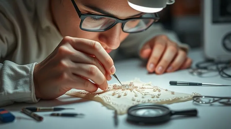 A close-up, photorealistic image of a costume technician's hands meticulously inspecting a delicate wearable art piece under a focused task light. The piece features intricate details like beading and fine fabric. Various small tools (tweezers, needles, magnifying glass) are laid out on a clean workbench. The technician's expression is one of intense concentration and care. Cinematic lighting, sharp focus on the hands and garment, depth of field blurring the background, 8K hyper-detailed, professional photography, emotionally resonant.