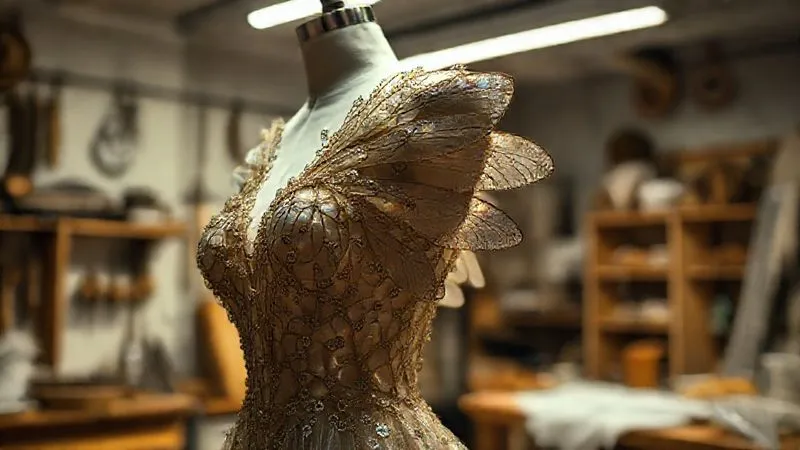 A photorealistic close-up of a fantastical, delicate wearable art piece, perhaps a gown made of shimmering iridescent insect wings or intricate filigree, suspended on a mannequin in a dimly lit, ethereal costume workshop, sharp focus on the fragile details, cinematic lighting highlighting its beauty and vulnerability, 8K, professional photography, depth of field.