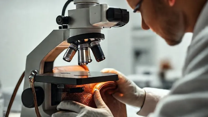 A professional authenticator using a high-magnification microscope to examine the stitching and material texture of a vintage leather handbag. The setting is a clean, well-lit laboratory environment, emphasizing precision and scientific rigor. Photorealistic, 8K, cinematic lighting, sharp focus on the microscope and bag, depth of field.