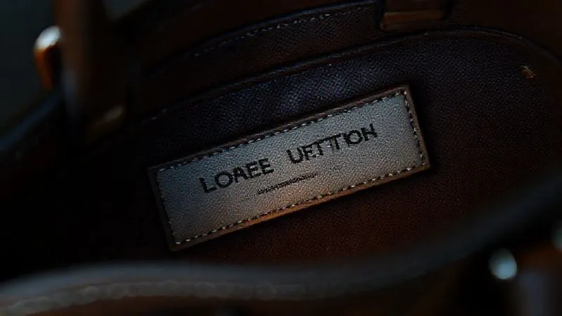 A close-up, photorealistic shot of a luxury handbag with a subtle yet clear misspelling on the brand's interior tag, illuminated by harsh, revealing light. The background is slightly blurred, emphasizing the critical flaw. 8K, professional photography, sharp focus on the text, depth of field.