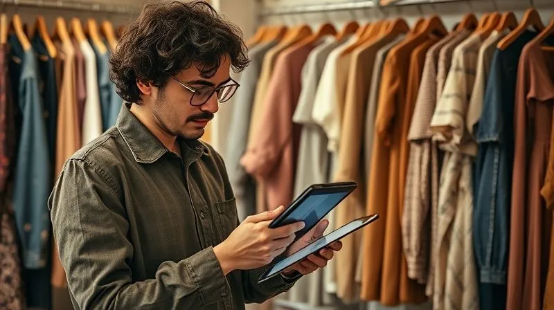 A photorealistic image of a vintage clothing reseller meticulously documenting a garment's details on a tablet, with neatly organized vintage clothes in the background, warm natural light, sharp focus on the documentation process, 8K, professional photography, shot on a high-end DSLR.