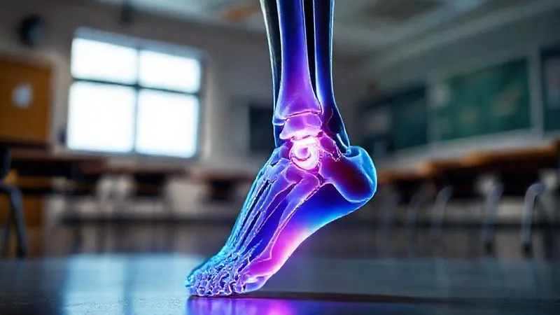 A photorealistic, professional photography shot of a skeletal foot model with the plantar fascia highlighted in a subtle, glowing blue, set against a blurred background of a classroom floor. Cinematic lighting highlights the foot anatomy, sharp focus, depth of field, 8K hyper-detailed, shot on a high-end DSLR, conveying the anatomical source of pain.