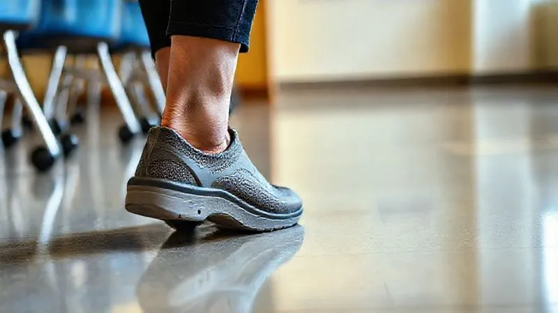 A photorealistic, professional photography shot of a pair of highly supportive, ergonomic teacher's shoes (e.g., a comfortable walking shoe or clog with excellent arch support), placed on a polished classroom floor. Cinematic lighting highlights the shoe's features, sharp focus, depth of field, 8K hyper-detailed, shot on a high-end DSLR, conveying reliability and comfort.