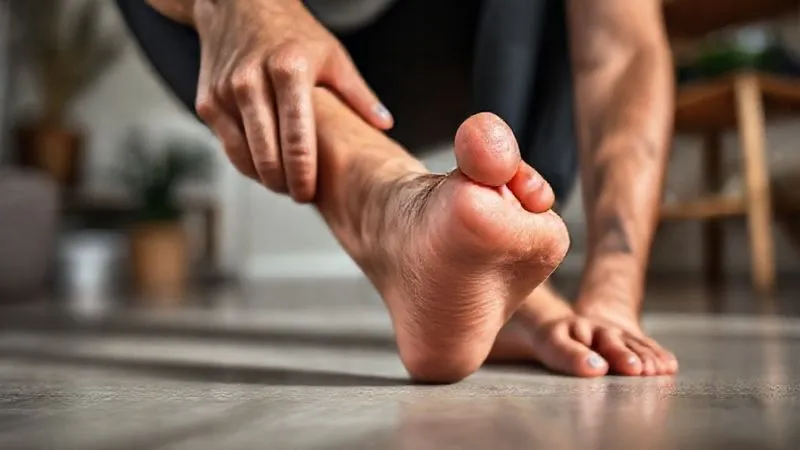 A photorealistic, professional photography shot of a person demonstrating a gentle plantar fascia stretch, pulling their toes back. The background is a clean, simple home environment. Cinematic lighting, sharp focus on the foot and hands, depth of field, 8K hyper-detailed, shot on a high-end DSLR, conveying ease and effectiveness.