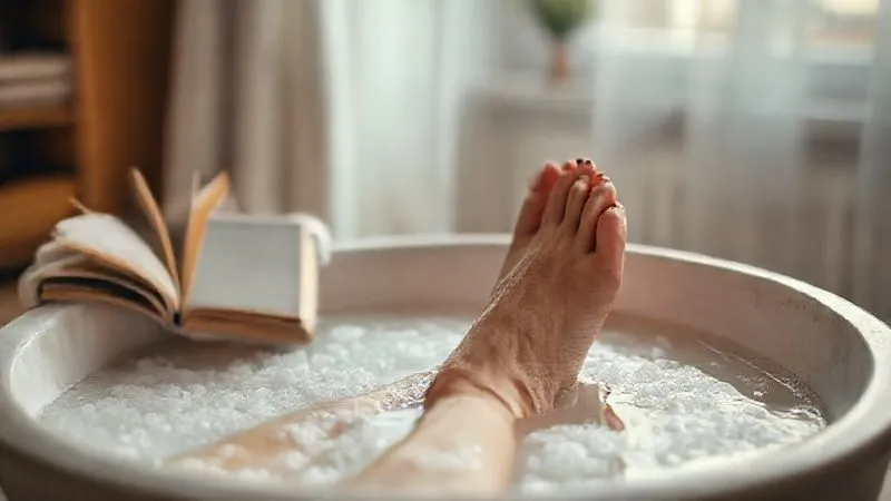 A photorealistic, professional photography shot of a teacher's feet resting comfortably in a warm Epsom salt foot bath, surrounded by soft towels and a book. Gentle, calming cinematic lighting, sharp focus on the feet, depth of field blurring the background, 8K hyper-detailed, shot on a high-end DSLR, conveying relaxation and self-care.