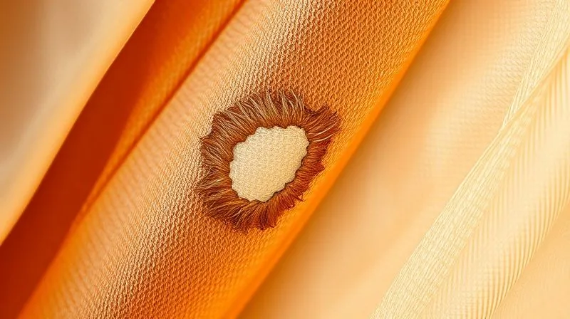 Photorealistic close-up of a vintage silk fabric with a small, irregular moth hole, cinematic lighting highlighting the delicate threads, sharp focus on the damaged area, depth of field blurring the surrounding intact fabric, 8K hyper-detailed, shot on a high-end DSLR.