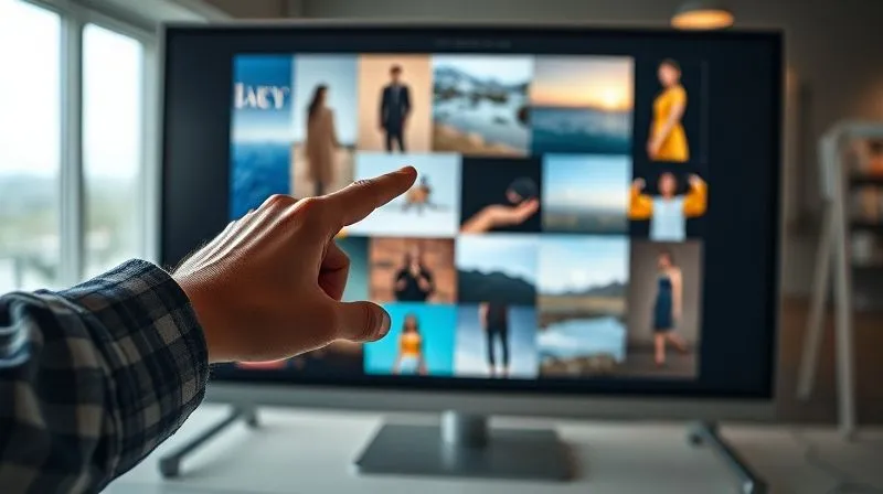 A photorealistic, professional photography, 8K, cinematic lighting, sharp focus, depth of field, shot on a high-end DSLR, depicting a highly detailed and aesthetically pleasing digital mood board displayed on a large monitor, with a hand pointing to interconnected images of fashion, landscapes, textures, and color palettes, all visually harmonized, conveying a clear narrative theme.