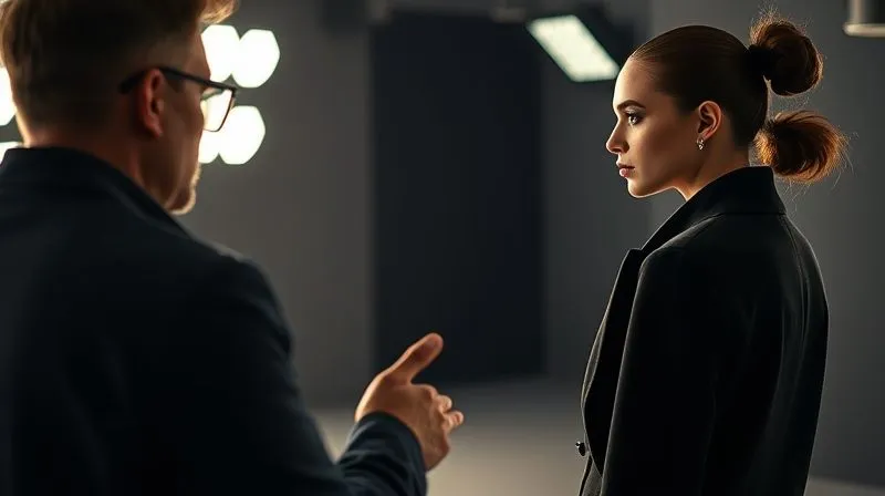 A photorealistic, professional photography, 8K, cinematic lighting, sharp focus, depth of field, shot on a high-end DSLR, depicting a fashion photographer (seen from behind) gesturing and speaking empathetically to a model on set, both focused on a shared vision, surrounded by soft, directional studio lighting, conveying clear communication and creative collaboration.
