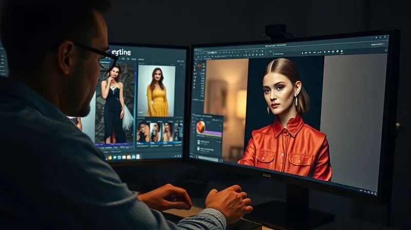 A photorealistic, professional photography, 8K, cinematic lighting, sharp focus, depth of field, shot on a high-end DSLR, depicting a skilled retoucher meticulously working on a fashion photograph on a large, color-calibrated monitor, with multiple layers visible in the editing software, focused on enhancing the narrative and emotional impact of the image, in a dimly lit, focused studio environment.