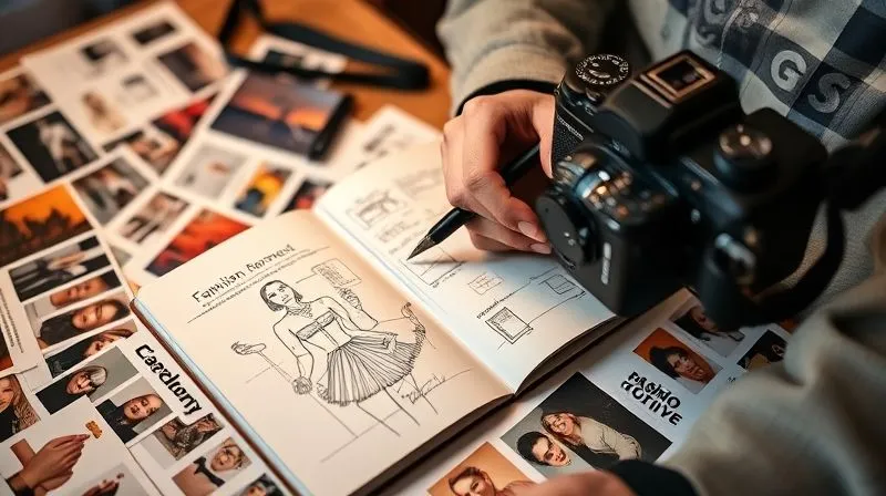 A photorealistic, professional photography, 8K, cinematic lighting, sharp focus, depth of field, shot on a high-end DSLR, depicting a fashion photographer sketching ideas and concepts in a notebook, surrounded by visual references and mood board clippings, conveying a sense of creative planning, exploration, and proactive development of a strong narrative for a future shoot.