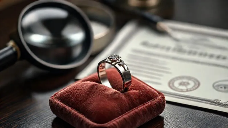 A photorealistic, professional photography shot of an antique platinum ring resting on a velvet pad, with a magnifying glass nearby and official-looking appraisal documents with a seal. Cinematic lighting, sharp focus on the ring and documents, depth of field blurring the background, 8K hyper-detailed, shot on a high-end DSLR.