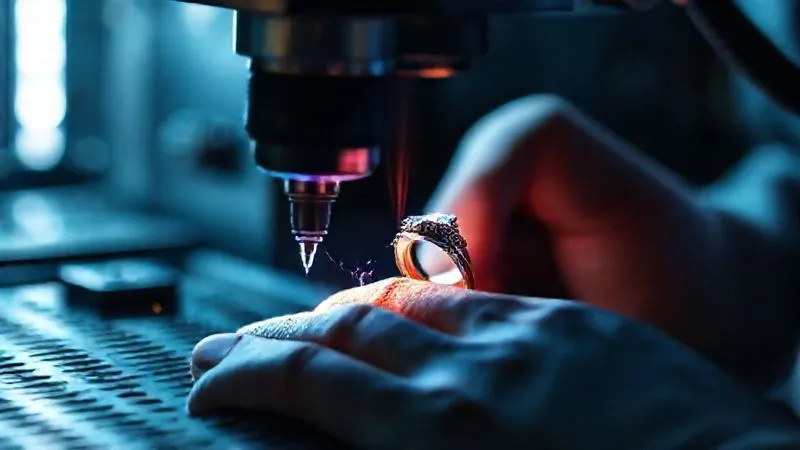A photorealistic, professional photography shot of a jeweler's hands operating a laser welding machine, with a precise, glowing beam focused on the shank of an antique platinum ring. The scene is bathed in a soft, futuristic glow from the laser, highlighting the intense focus and precision. Sharp focus on the laser's point of contact and the ring, depth of field blurring the advanced machinery in the background, 8K hyper-detailed, shot on a high-end DSLR.