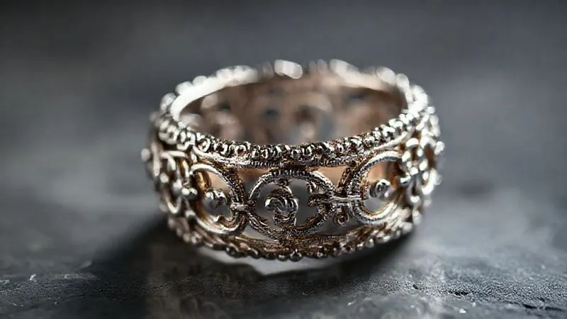 A photorealistic, professional photography shot of an antique platinum ring with extremely detailed filigree and milgraining. The image focuses on the intricate metalwork, highlighting the craftsmanship with sharp detail. Cinematic lighting, depth of field, 8K hyper-detailed, shot on a high-end DSLR.