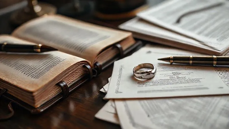 A photorealistic, professional photography shot of a well-organized desk with an open leather-bound journal, a fountain pen, and neatly stacked documents related to jewelry appraisal and historical records. An antique platinum ring is subtly placed on top of one document. Cinematic lighting, sharp focus on the documents and ring, depth of field blurring the background, 8K hyper-detailed, shot on a high-end DSLR.
