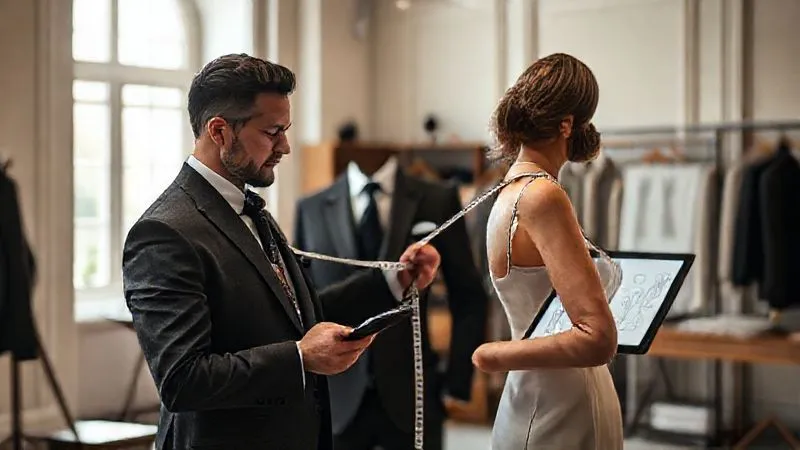photorealistic, professional photography, 8K, cinematic lighting, sharp focus, depth of field, shot on a high-end DSLR, a skilled tailor with a measuring tape meticulously taking measurements of a client's arm and shoulder, the client stands gracefully, both looking at a digital tablet displaying design sketches, in a brightly lit, elegant haute couture atelier, a sense of precision and collaborative design process.
