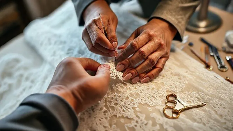 photorealistic, professional photography, 8K, cinematic lighting, sharp focus, depth of field, shot on a high-end DSLR, a close-up of a skilled tailor's hands carefully pinning and basting intricate lace onto a haute couture gown, a thimble on a finger, with various sewing tools scattered on a work table in the background, conveying precision, dedication, and the delicate nature of bespoke alterations.