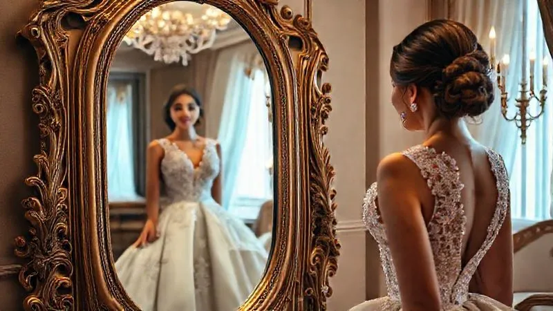 photorealistic, professional photography, 8K, cinematic lighting, sharp focus, depth of field, shot on a high-end DSLR, a happy, elegant client in a beautifully fitted haute couture gown, admiring herself in a large, ornate mirror in a luxurious dressing room, a subtle smile on her face, conveying satisfaction and confidence, soft, warm light.