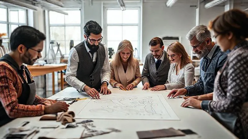 photorealistic, professional photography, 8K, cinematic lighting, sharp focus, depth of field, shot on a high-end DSLR, a team of diverse, professional haute couture tailors and designers in a bright, modern atelier, gathered around a large work table, collaborating on a design sketch and fabric swatches, one tailor holding a measurement tape, another pointing at a detail on the sketch, conveying teamwork, expertise, and a shared commitment to perfection.