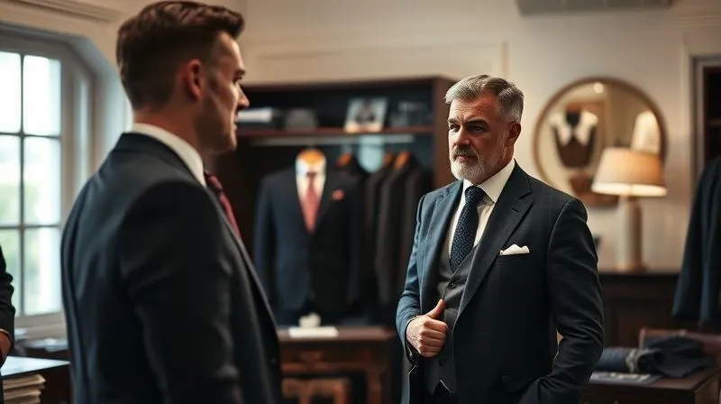 A photorealistic, professional photography, 8K, cinematic lighting, sharp focus, depth of field, shot on a high-end DSLR of a master tailor in a well-appointed atelier, observing a client's posture and natural stance with a discerning eye, while the client stands relaxed. The focus is on the tailor's empathetic yet analytical expression and the subtle nuances of the client's silhouette.