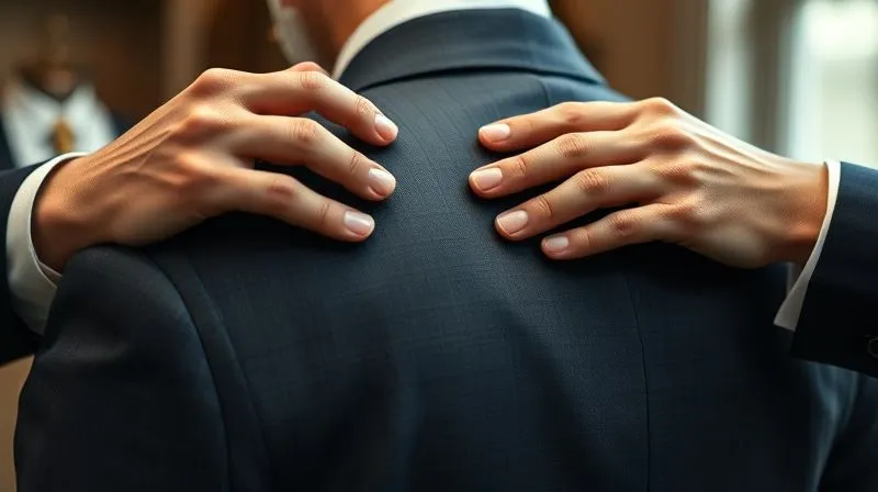 A photorealistic, professional photography, 8K, cinematic lighting, sharp focus, depth of field, shot on a high-end DSLR of a master tailor's hands carefully pinning and adjusting the upper back of a bespoke suit jacket on a client with a slightly rounded posture, demonstrating the process of eliminating horizontal wrinkles, with a focus on the precise manipulation of fabric and pins.