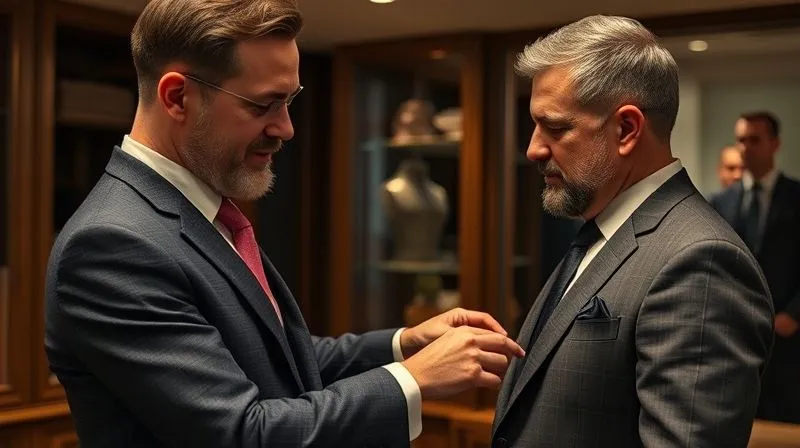 A photorealistic, professional photography, 8K, cinematic lighting, sharp focus, depth of field, shot on a high-end DSLR of a master tailor and a client engaged in a detailed, empathetic conversation during a fitting, with the tailor pointing to a specific adjustment on a bespoke jacket. The scene conveys trust, collaboration, and mutual respect in an elegant atelier setting.
