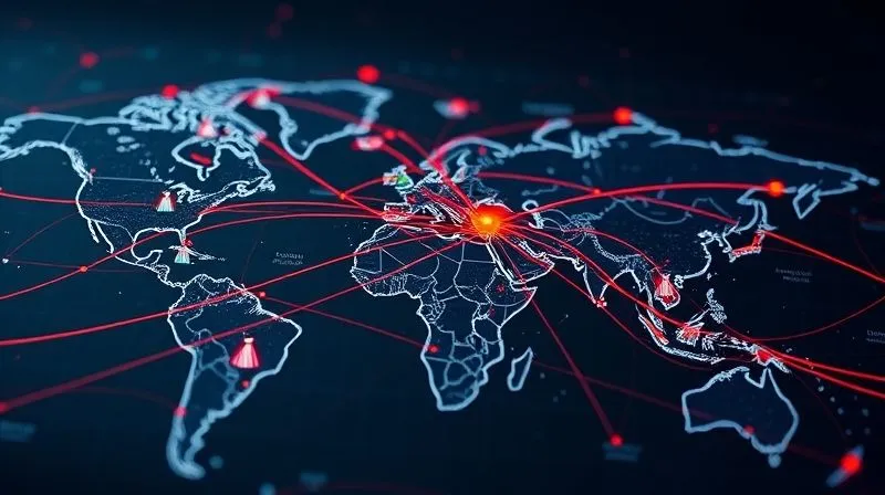 A photorealistic, professional photography shot of a complex global shipping route map, with glowing red lines indicating congested areas and subtle icons of wedding dresses moving through the network. Cinematic lighting, 8K, sharp focus, depth of field, shot on a high-end DSLR.