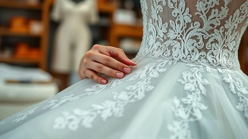 A photorealistic, professional photography shot of a skilled seamstress meticulously hand-stitching intricate lace onto a wedding dress in a well-lit atelier. Soft, natural light, 8K, sharp focus on the hands and fabric, depth of field blurring the background, shot on a high-end DSLR.