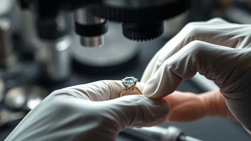 A photorealistic close-up of a skilled gemologist's hands, wearing white gloves, meticulously examining a custom engagement ring under a powerful loupe. The background shows blurred gemological tools and light, emphasizing precision and expertise, 8K hyper-detailed, cinematic lighting.