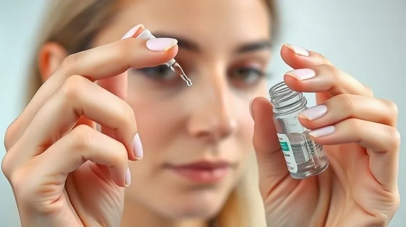 Photorealistic, professional photography, 8K, cinematic lighting, sharp focus, depth of field, shot on a high-end DSLR: A person with a gentle, focused expression, holding a small bottle of preservative-free eye drops and carefully applying a drop to their contact lens-wearing eye. The hand is steady, the focus is on the eye and the drop, with a soft, clean background.