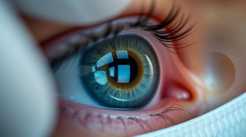 Photorealistic, professional photography, 8K, cinematic lighting, sharp focus, depth of field, shot on a high-end DSLR: A highly detailed, sterile close-up of an eye being fitted with a clear scleral contact lens. The lens is precisely positioned, reflecting subtle light, with a visible layer of saline beneath it, conveying advanced medical care and relief from dryness. The background is softly blurred, hinting at a clinical setting.