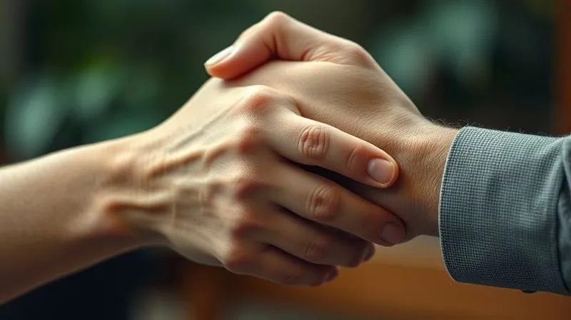 A close-up, photorealistic image of two hands clasped in a gesture of reconciliation or understanding, soft cinematic lighting, depth of field, 8K hyper-detailed.