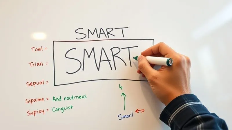 A photorealistic image of a hand writing on a whiteboard, outlining a SMART goal framework, with various colorful markers, professional office setting, sharp focus on the writing, 8K, cinematic lighting.