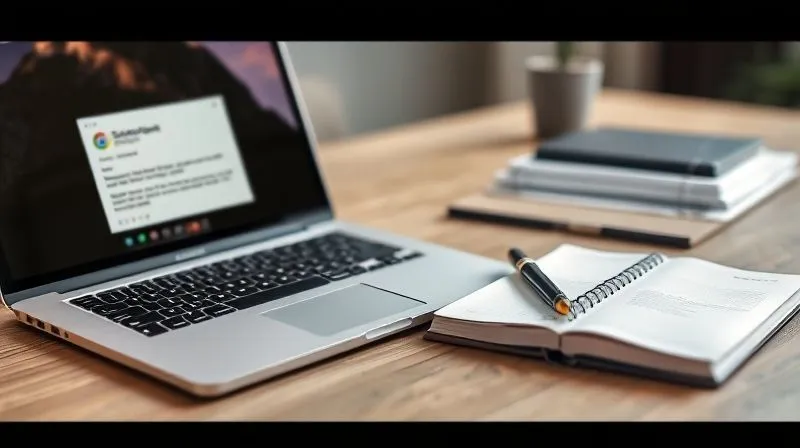 A photorealistic image of a neatly organized desk with a laptop displaying an email, a pen, and a notebook, suggesting professional communication and documentation, soft natural light, depth of field, 8K.