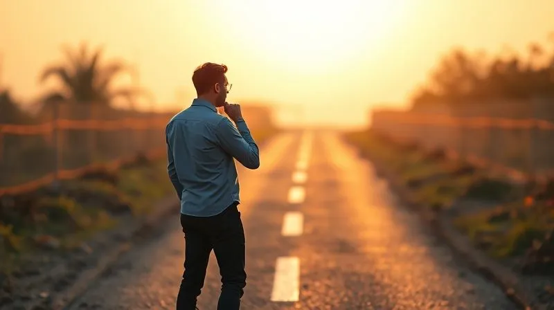 A photorealistic image of a person standing at a crossroads, making a thoughtful decision, with a blurred path behind them and a clear path ahead, symbolic of making a strategic choice, warm evening light, 8K.