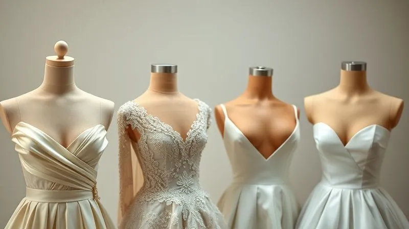A photorealistic mood board showcasing various unique bridal gown necklines – asymmetric, high illusion, cowl, and square – with subtle distinctions in fabric and embellishment, 8K, cinematic lighting, professional photography, sharp focus, depth of field.