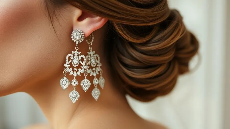 A close-up, photorealistic shot of a bride's ear and hair, showcasing a stunning, intricate chandelier earring perfectly complementing an elegant updo, with a hint of a high neckline in the soft background, professional photography, 8K, cinematic lighting, sharp focus.