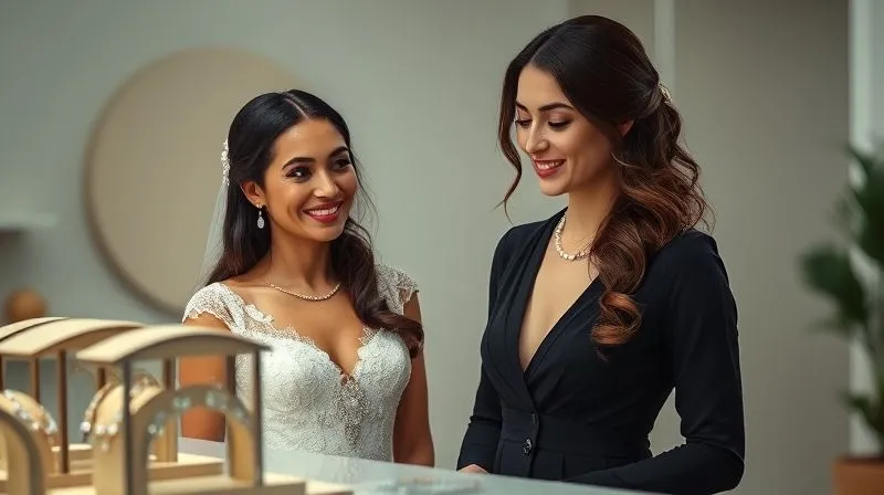 A professional bridal stylist, dressed impeccably, smiling genuinely while discussing jewelry options with a radiant bride. They are looking at a display of necklaces and earrings, soft studio lighting, photorealistic, 8K, sharp focus, depth of field.