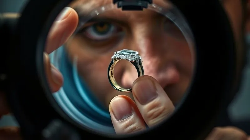 A close-up, photorealistic image of a jeweler's hands carefully examining an antique Edwardian platinum ring under a powerful magnifying loupe, with intricate details of the corroded setting visible, cinematic lighting, sharp focus, depth of field, 8K, shot on a high-end DSLR, professional photography.