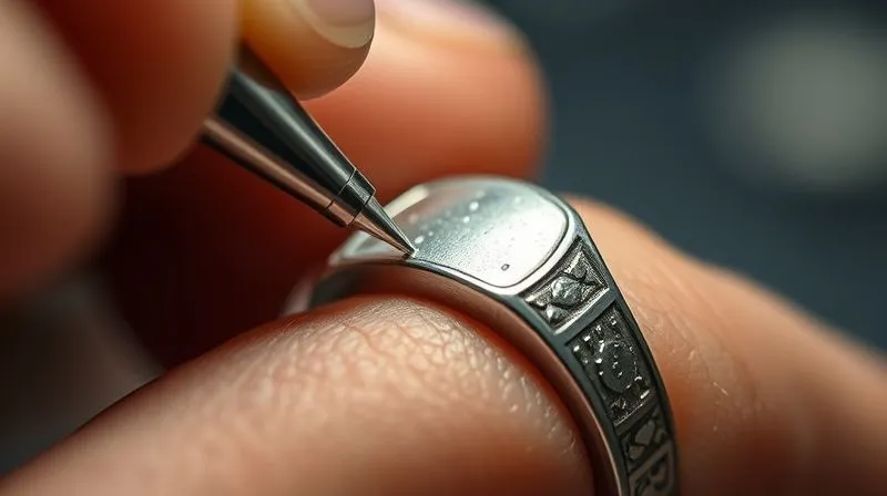A close-up, photorealistic image of a jeweler's hands using a micro-polishing tool on an Edwardian platinum ring, focusing on a corroded section, with tiny particles of polishing compound visible, cinematic lighting, sharp focus, depth of field, 8K, shot on a high-end DSLR, professional photography.