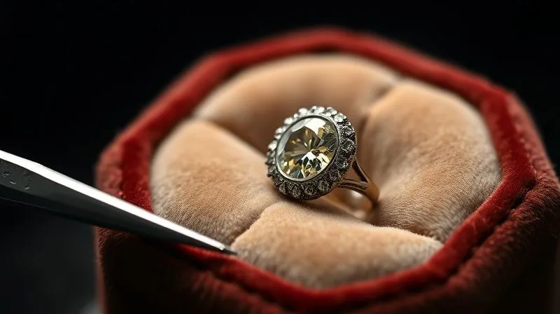 A photorealistic, professional image of a beautifully restored Edwardian platinum ring gleaming on a velvet cushion, next to a pair of clean, precise jeweler's tweezers, cinematic lighting emphasizing its brilliance, sharp focus, depth of field, 8K, shot on a high-end DSLR, professional photography.