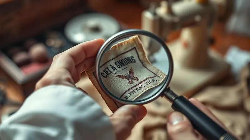 A close-up, photorealistic image of expert hands gently examining a vintage garment label with a magnifying glass, revealing intricate details of the fabric composition, with soft, focused lighting. The background is blurred, showing a vintage sewing kit. Professional photography, 8K, cinematic lighting, sharp focus, depth of field, shot on a high-end DSLR.
